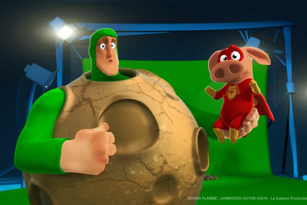 Roger Flambé animated actor Roger Flambé acteur animé Oink Chonk superpiggy superhero pig meteorite green screen